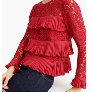 J.Crew Red Lace Pleated Ruffle layers Top Size 4 Holiday Party Family photos